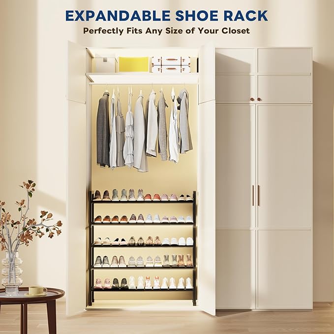 Mavivegue 5-Tier 19"-43.3" Adjustable Shoe Rack for Closet,Expandable Shoe Rack, Hall Entryway,Front Door,Garage, Sturdy Steel Space-Saving Rack, Black