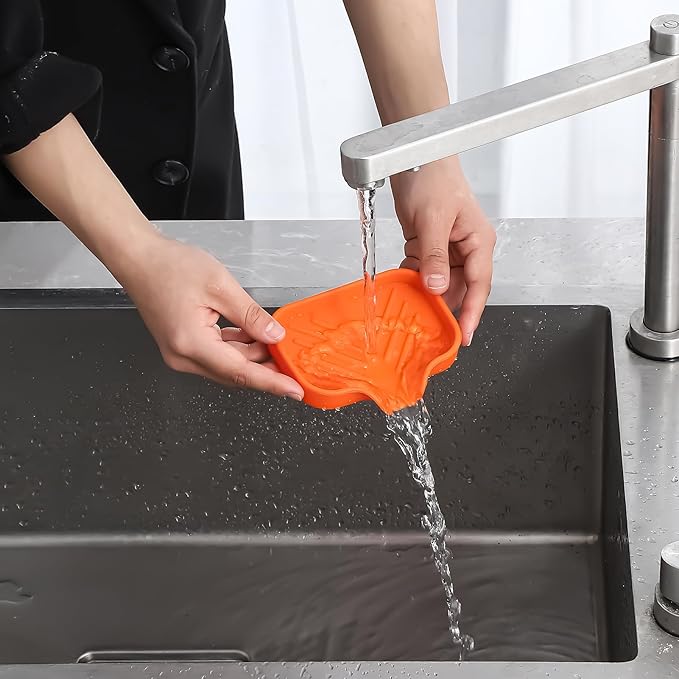 MicoYang Silicone Soap Dish with Drain Spout — Self-Draining Sink Organizer Tray for Bathroom & Kitchen, Holds Bar Soap, Sponges & Dispensers, Non-Slip & Dishwasher Safe, Orange (Small, 4.9"×3.2")