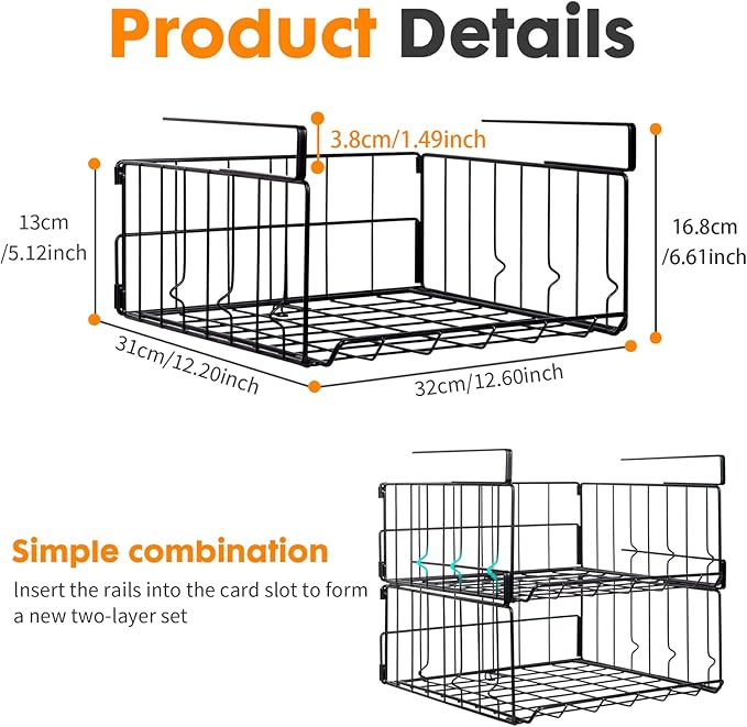Under Shelf Basket Storage, Steel Under Shelf Hanging Wire Baskets Shelves for Laundry Room Kitchen Desk Pantry Bookshelf (Black, 2 Pack)