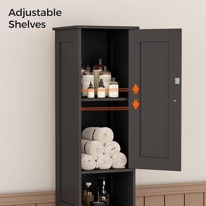 Homleke Tall Bathroom Storage Cabinet with 2 Doors, 67"H Narrow Storage Cabinet with Adjustable Shelves& Anti-Tip Design, Reversible Door Installation, Easy Assembly, 11.8 x 11.8 x 66.9 Inches, Black