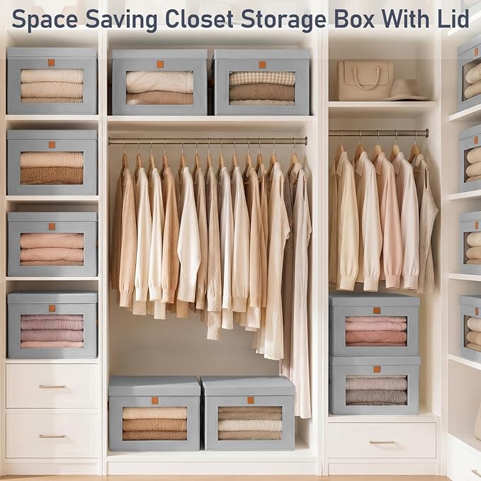 DIMJ Storage Bins with Lids - 4 Pack Front Opening Stackable Fabric Storage Boxes with Clear Window & Handles, Collapsible Closet Organizers for Clothes, Sweaters, Shelf Storage, Bedroom, Gray