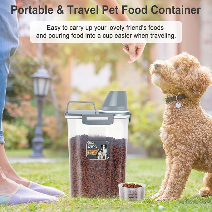 2.5-5LBS Upgraded Large Nozzle Cat Dog Food Storage Container BPA-free, Airtight Pet Food Storage Bin with 4 Lock Buckles, Sealing Gasket, Cup for Pet Food, Dog Treats, Rice, Flour,Dry-Grey Blue