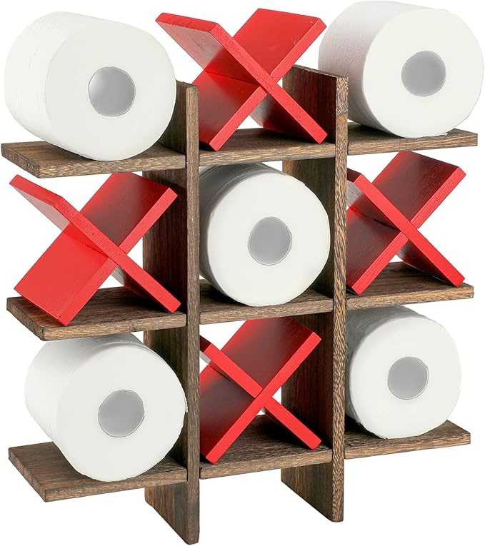 Weysat Tic Tac Toe Toilet Paper Holder Stand Bathroom Wall Decor Rustic Wooden Hanging Storage Freestanding Wall Mounted Shelves Decor for Toilet Tissue Farmhouse