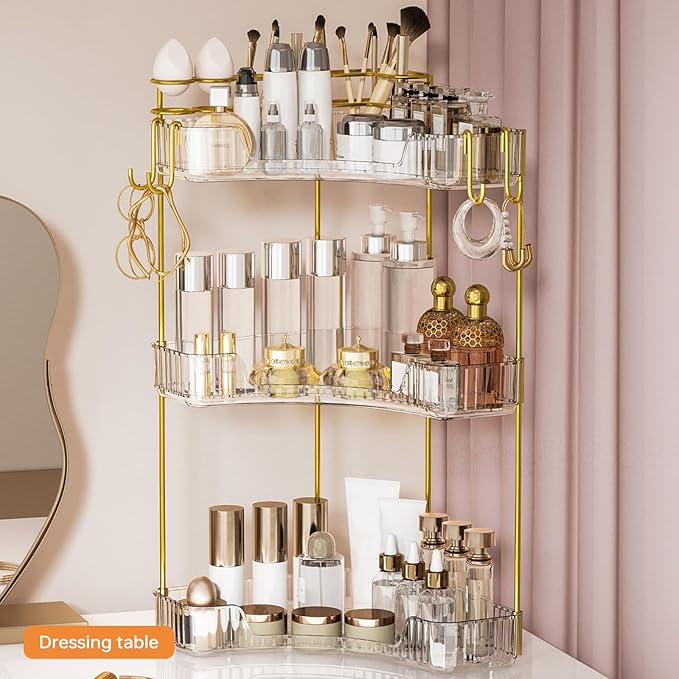 3-Tier Corner Bathroom Counter Organizer,Makeup & Skincare Shelf with Built-in Brush Holder,Space-Saving Bathroom Countertop Organizer for Skincare, Perfume, Cosmetics(Clear)
