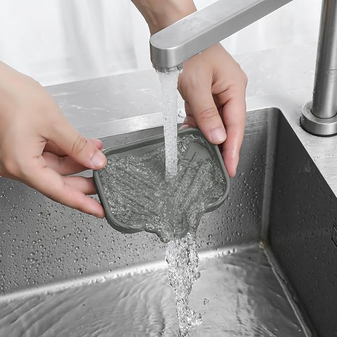 MicoYang Silicone Soap Dish with Drain Spout — Self-Draining Sink Organizer Tray for Bathroom & Kitchen, Holds Bar Soap, Sponges & Dispensers, Non-Slip & Dishwasher Safe, Grey (Small, 4.9"×3.2")