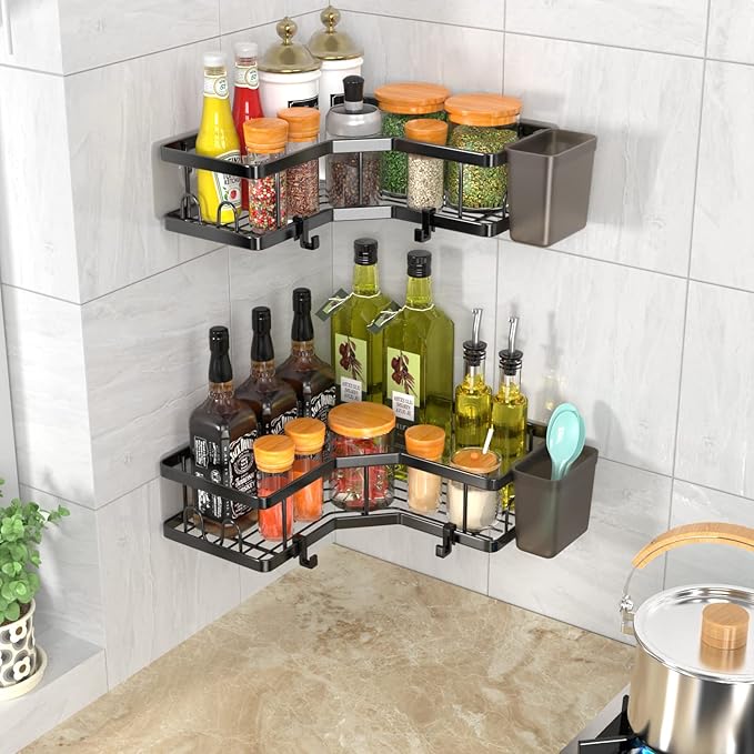AKTECKE Corner Shower Caddy, 2 Pack Adhesive Shower Corner Organizer Shelves, No Drilling Stainless Steel Shower Storage Rack with Hooks&Toothpaste Holder for Bathroom Kitchen (for 90° Corners Only)