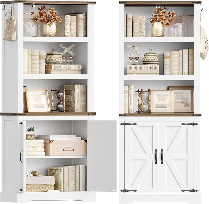 TEENFON 70.9in Tall Storage Cabinet with Adjustable Shelves, Kitchen Pantry Cabinet with 2 Barn Doors, 5 Tiers Farmhouse Bookcase for Living Room, Kitchen, Home Office, Bedroom, White