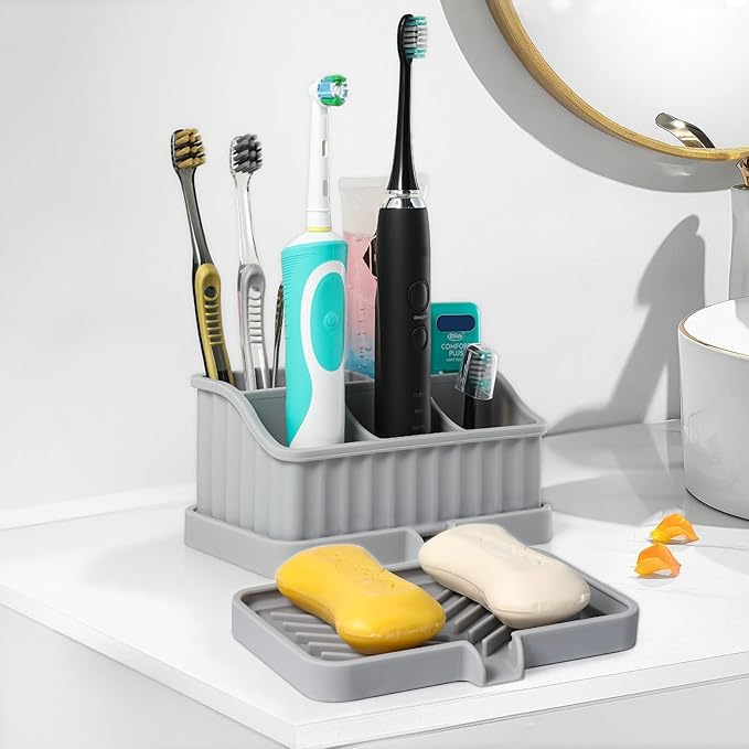 Silicone Toothbrush Holders for Bathrooms, 5 Slots Detachable Toothbrush and Toothpaste Holder, Bathroom Countertop Organizer and Storage (Grey)