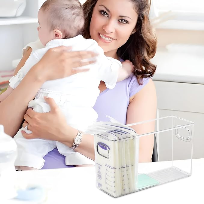Breastmilk Storage Container with L Shaped Dividers to Flatten Standing Breast Milk Bags in Organizer Bins Save Refrigerator Space | 2 Containers with Removable Separator Boards - Green