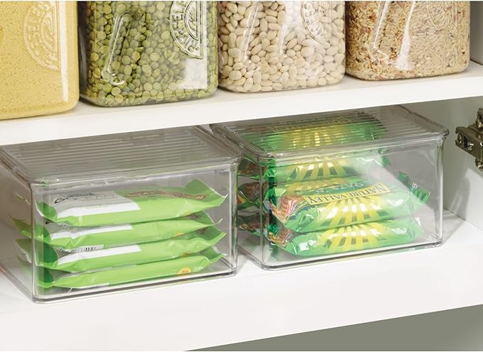 iDesign Plastic Stackable Hinged-Lid Pantry or Kitchen Storage Box - Set of 3 - Clear