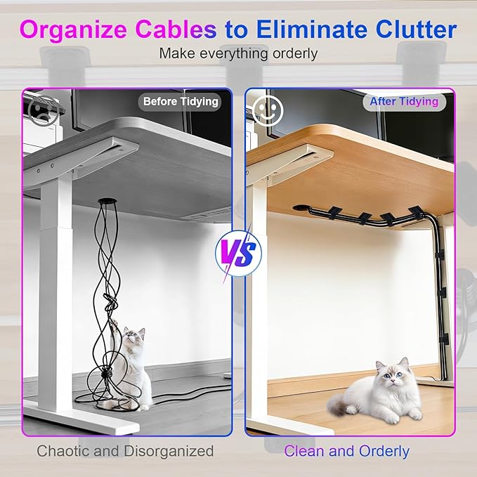 40 Set Cable Management Under Desk, Hook and Loop Cable Ties, Adhesive Strips for Cord Management Hider, Cord Organizer Clips, Computer Accessories for Desk Organization, Home Office Essentials