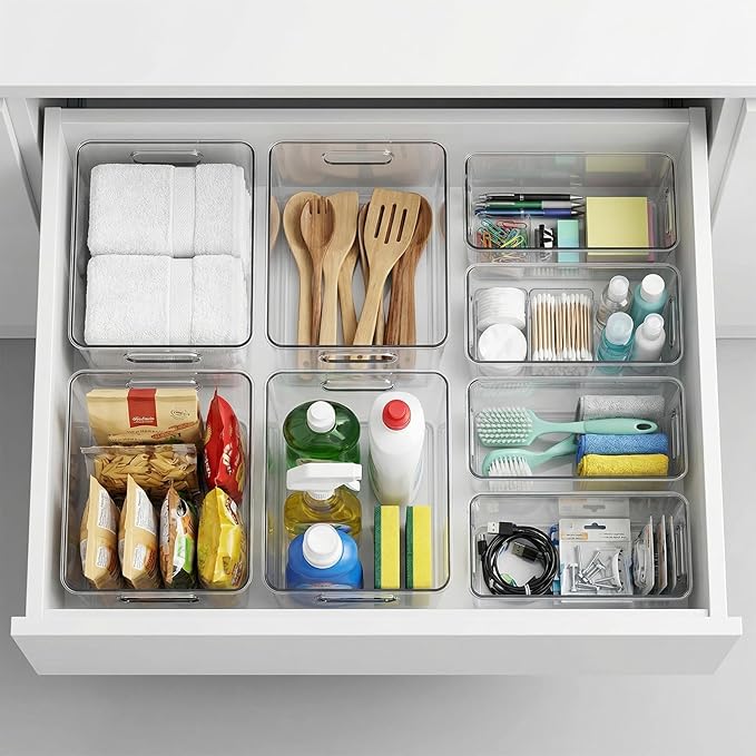 MOONEDGE 8 Pack Modular Clear Plastic Storage Organizer Bins ā 4 Large & 4 Narrow, Nestable Space-Saving System for Pantry, Kitchen, Fridge, Bathroom & Cabinet Organization - Versatile & Easy to Use