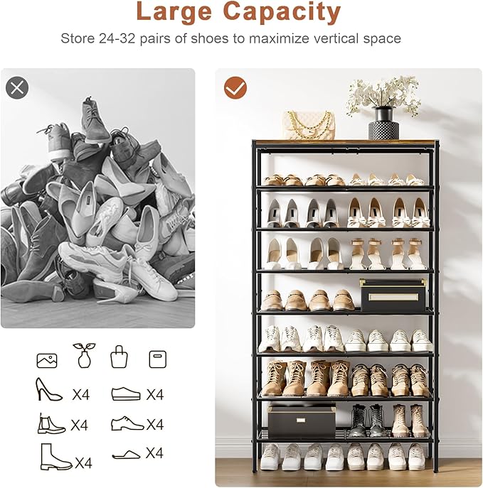 8-Tier Tall Shoe Rack Organizer Shoe Storage for Entryway 24-32 Pairs Metal Shoe Rack for Closet Heavy-Duty Shoe Rack with Wooden Top Shelf for Garage Rustic Brown