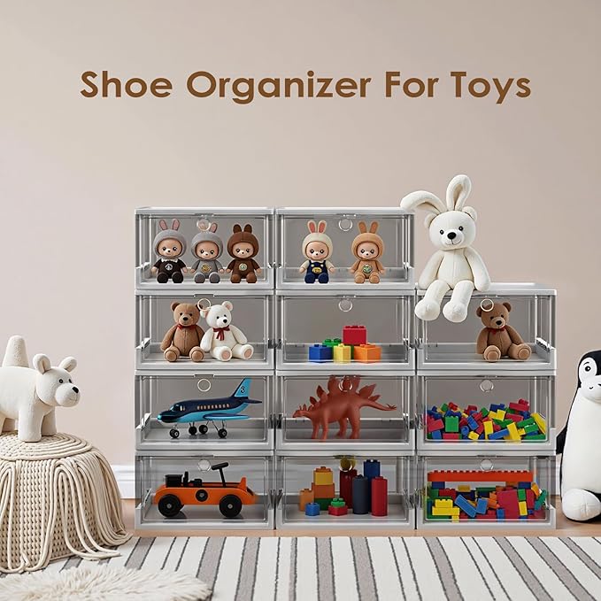 Clear Stackable Shoe Boxes with Magnetic Door, 3 Pack Thick Plastic Shoe Organizer for Closet, Dustproof Storage, Fits up to US Size 13