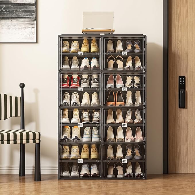 Vipbox Black Shoe Rack Organizer Cabinet for Closet Entryway,Clear Shoe Storage Boxes Stackable Sneaker Storage with Door Easy Assembly Shoe Cabinet with Lids Large 8 Tiers 32 Pairs