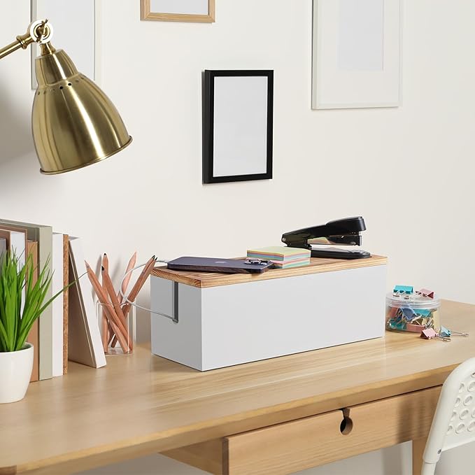 Large Cable Management Box, Wooden Cord Organizer Box for Desk, Floor, White