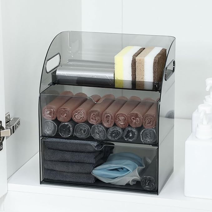 Plastic Under Sink Organizer with Drawers, Gray Kitchen and Pantry Storage Container for Trash Bags, Dishwasher Detergents, Sponge, Large Laundry Pods Dispenser with Handle for Cabinet
