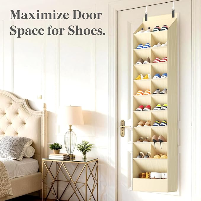 10 Tier Over the Door Shoe Organizer with 19 Large Deep Pockets, Beige