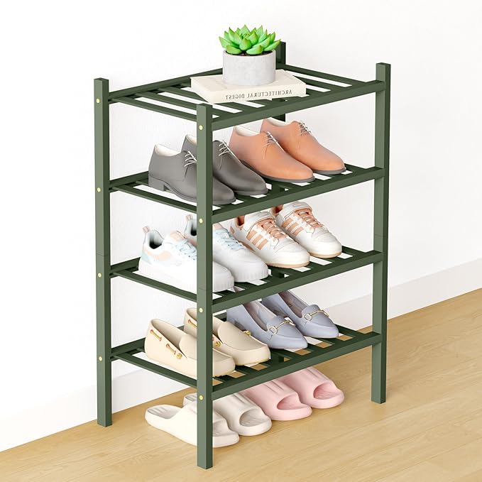 Smiry Bamboo Shoe Rack for Closet, 4 Tier Small Wooden Shoe Organizer, Stackable Wood Shoe Storage Shelf for Entryway, 14 Vertical Slats, 2+2 Stack Heavy-Duty Legs, 17.32"x11.02"x25.98", Green