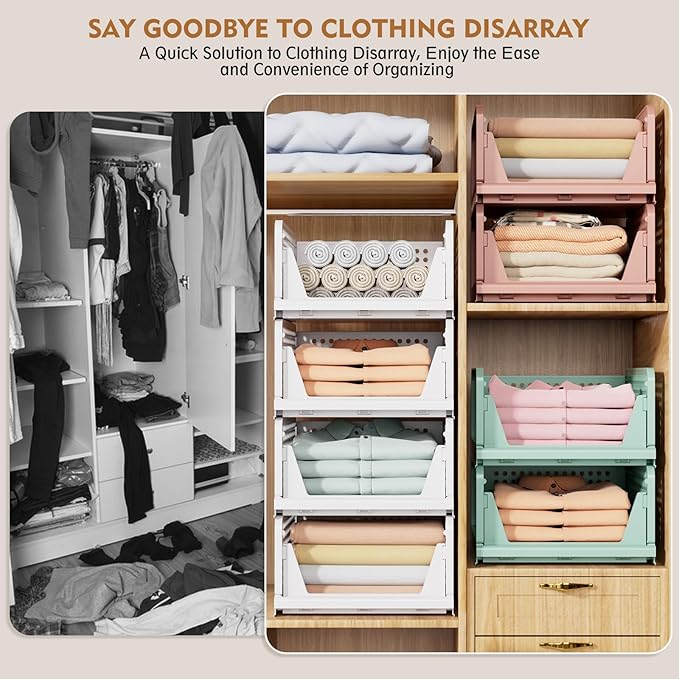 SNSLXH 8 Pack Stackable Closet Storage Bins, Multifunctional & Foldable Closet Organizers and Storage for Bathroom Kitchen Laundry Room Drawer Shelf Storage, Space-Saving Wardrobe Organizer, White