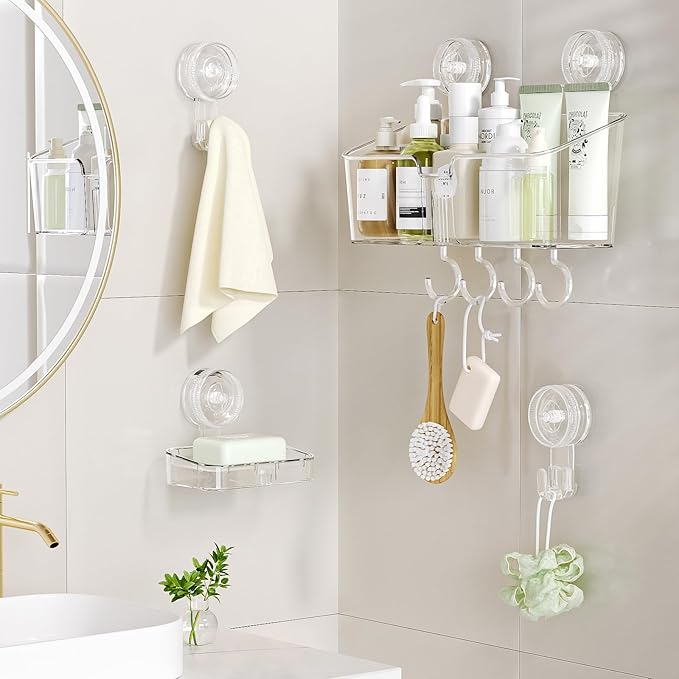 LUXEAR Shower Caddy Suction Cup, No Drilling Strong Hold Shower Organizer with Hooks & Soap Dish Fast Draining Removable Reusable Bathroom Storage Shelf Friendly for Bathroom/Kitchen/RV 22LBS Capacity