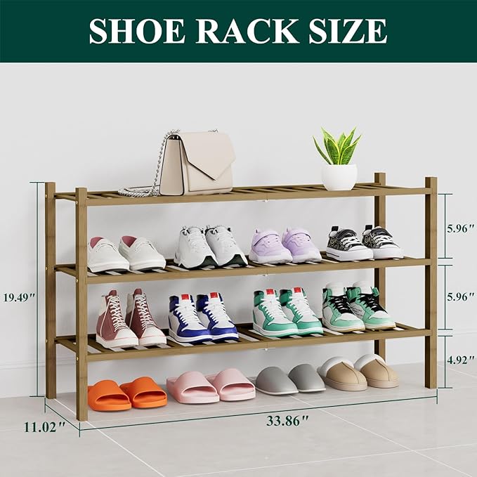 Long Bamboo Shoe Rack, 3 Tier Free Standing Wooden Shoe Organizer, Walnut