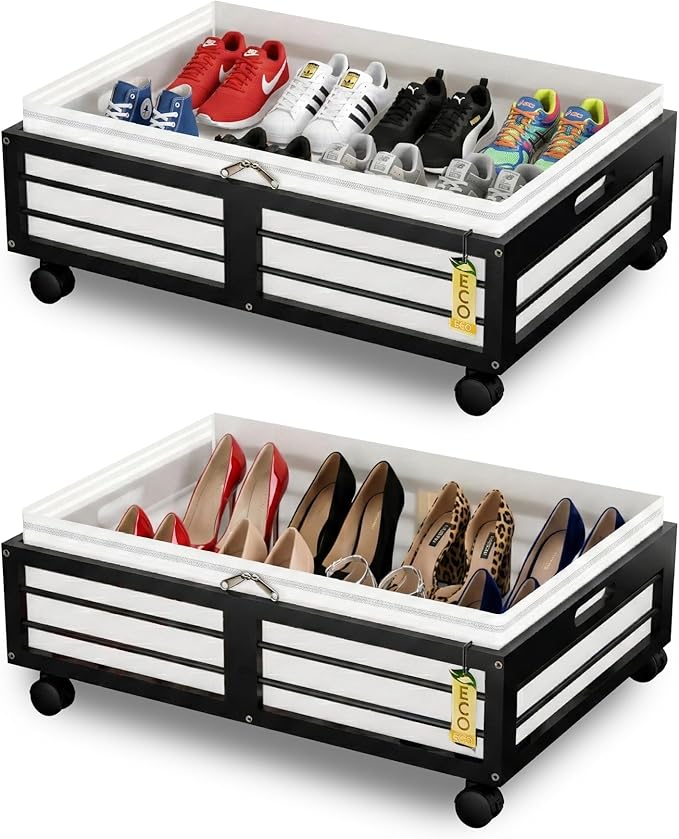 Under Bed Storage Containers with Wheels, Larger Bamboo Wood Under Furniture Storage Containers with Dust Bags๏ผRolling for Shoes Clothes