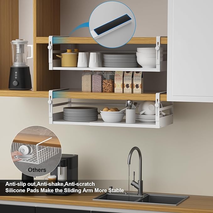 AmonHouseware 2Pack Under Shelf Basket Organizer, Adjustable Under Cabinet Shelf Storage, Hanging Holder Length Stretchable 13-21Inch for Kitchen Pantry Desk Counter Bookshelf Cupboard (White)