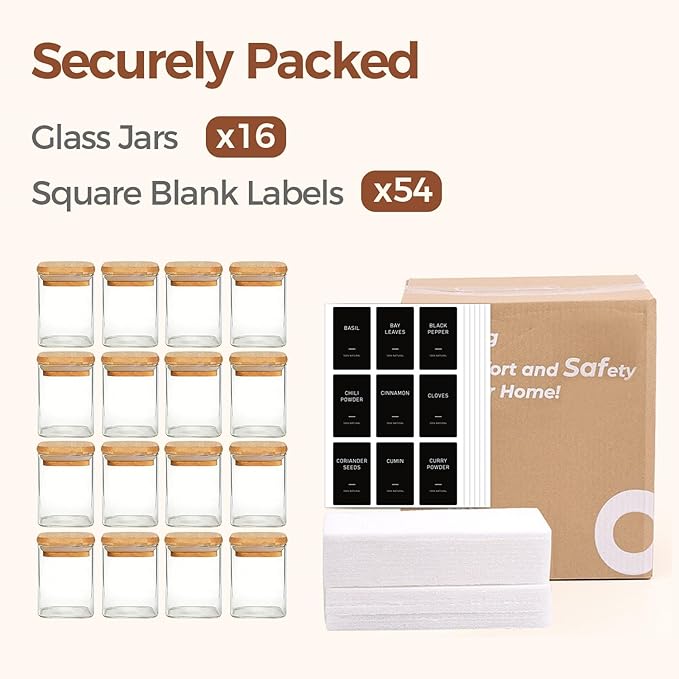 ComSaf Spice Jars with Label 4oz 16 Pack, Glass Spice Jars with Bamboo Lid, Mini Seasoning Containers with 54 Black Labels, Stackable for Kitchen, Pantry Organization, Loose Tea, Herbs, Powders, Salt