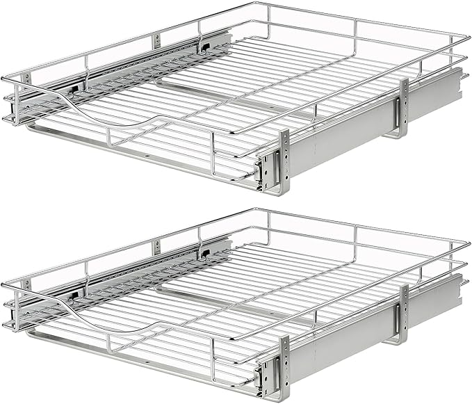 DINDON Pull Out Cabinet Organizer, (11" W x 18" D) Heavy-Duty Metal Sliding Drawer Shelf, Bathroom Under Sink Kitchen Cabinets Organizer and Storage Slide Out Shelves, Chrome, 1 Tier, 2 Pack