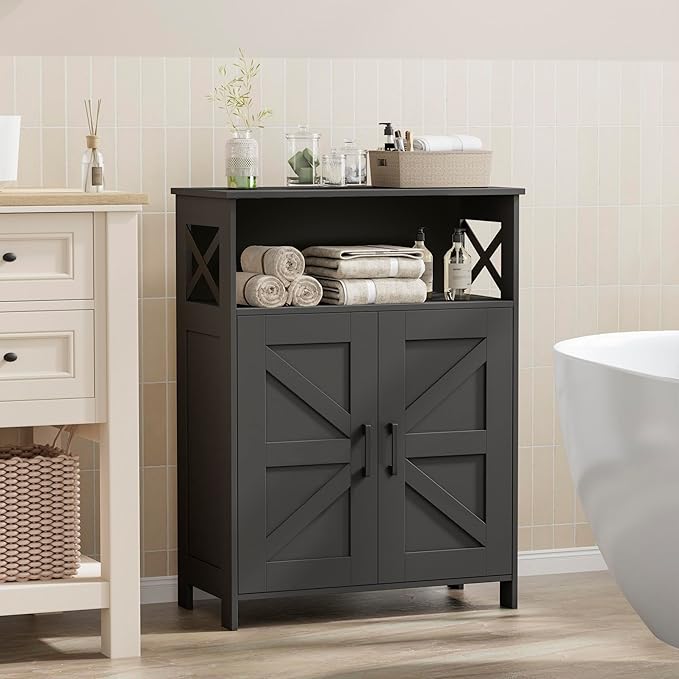 Homhedy Farmhouse Bathroom Storage Cabinet with 2 Doors, Toilet Paper Cabinet with Adjustable Shelf, Small Bathroom Cabinet for Kitchen/Laundry/Living Room, 11.8 x 23.6 x 31.5 Inches, Black
