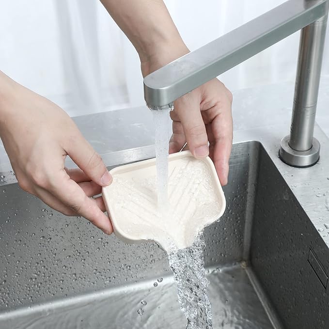 MicoYang Silicone Soap Dish with Drain Spout — Self-Draining Sink Organizer Tray for Bathroom & Kitchen, Holds Bar Soap, Sponges & Dispensers, Non-Slip & Dishwasher Safe, Tapioca (Small, 4.9"×3.2")