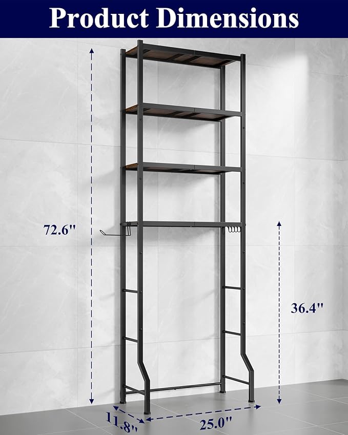Kitsure Over The Toilet Storage Cabinet, Sturdy Bathroom Organizer, Easy Assembly, 4-Tier Shelf (72.6" H), Space Saving Storage for Small Bathroom, Heavy Duty Metal Frame, Brown & Black