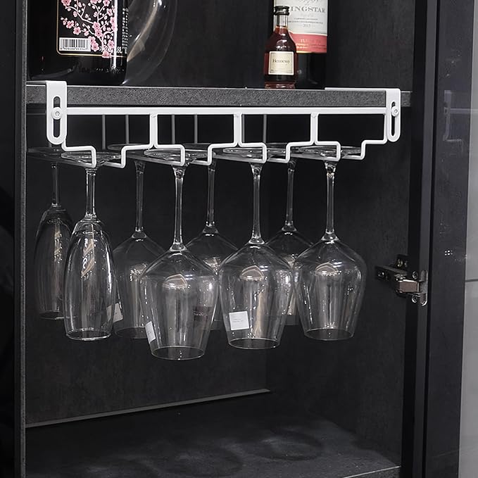 Adjustable Under Cabinet Stemware Holder - Metal Wine Glass Hanger Organizer for Kitchen, Bar, Shelf - Rustproof Hanging Storage Rack for 6-8 Glasses - Space Saving Decor (White, 4 Rows)