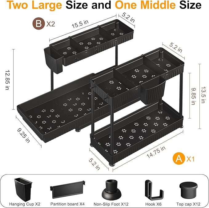 Sevenblue 3 Pack Multi-Purpose Pull-Out Storage Organizers, 2-Tier L-Shaped Under Sink/Cabinet Organizers and Storage for Bathroom & Kitchen, (Black, 12.85 Inches)
