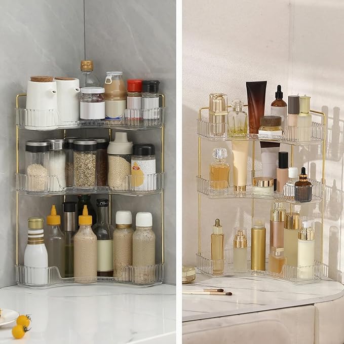 Corner Bathroom Countertop Organizer, Vanity Trays for Counter, Clear, 3 Tiers
