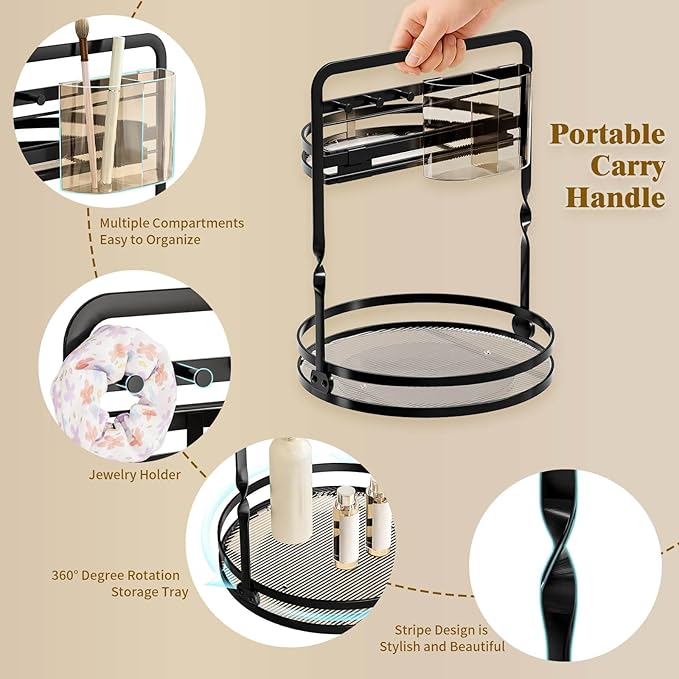 360 Rotating Makeup Organizer, 2-Tier Black Perfume Organizer for Dresser, Bathroom Counter Organizer, Lazy Susan Vanity Tray Spinning Skincare Storage with Jewelry Hooks & Makeup Brush Holder