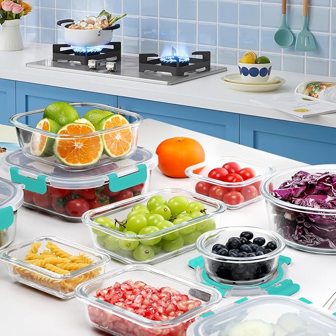 VERONES 30 Pieces Glass Meal Prep Containers Set, Stackable Glass Food Storage Containers with Lids-Airtight Lunch Containers,for Microwave, Oven, Freezer & Dishwasher,Green