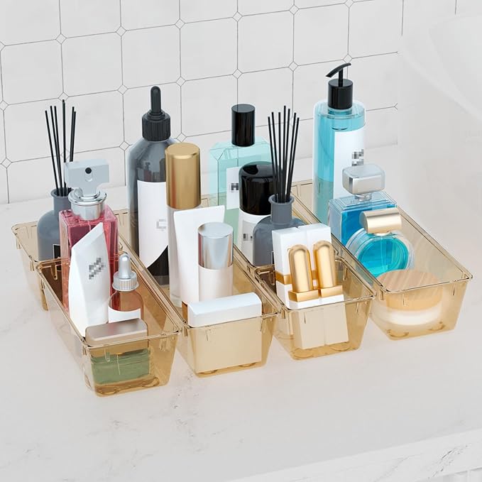 6 Pack Clear Drawer Organizer Set, Acrylic Drawer Storage Trays, Champagne