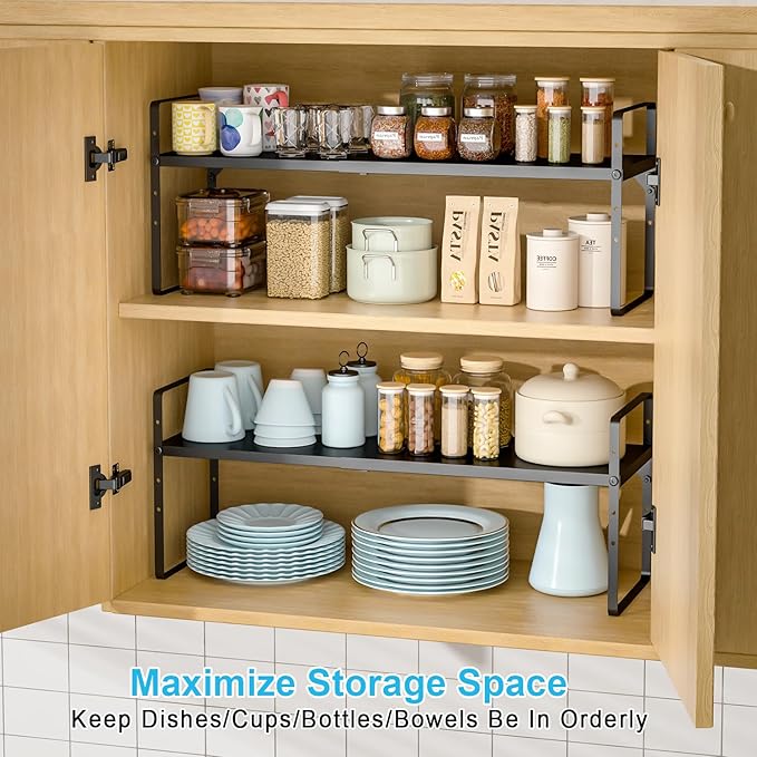 15.5 to 25.5 Inch Kitchen Cabinet Shelf Organizers, Adjustable Kitchen Counter Shelf Organizer, Set of 3 Expandable Countertop Storage Shelves, Stackable Design, 30LBS Heavy Duty, Space Saver