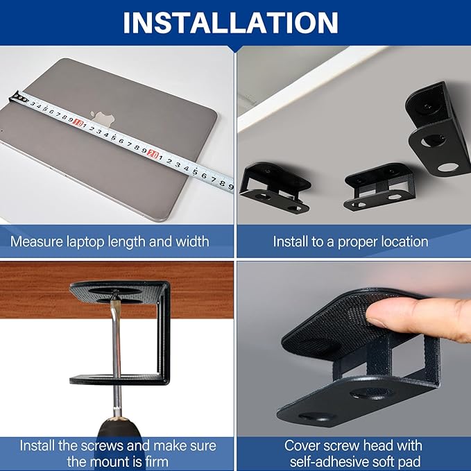 BYMECOST Under Desk Laptop Storage Mount, Metal Under Desk Device Holder, for Devices Up to 1.37" Thick, MacBook, Mini, Keyboard, Router, with Anti-Scratch Silicone (Black)