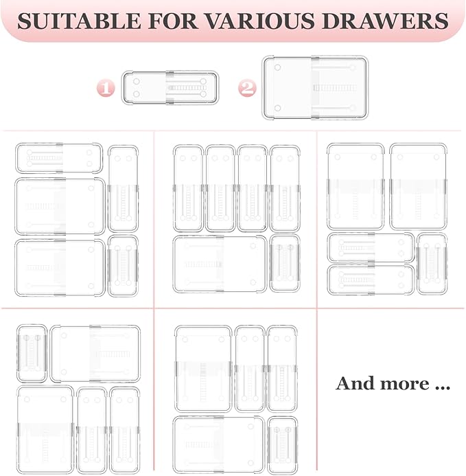 DILIBRA 12 Pcs Clear Extendable Drawer Organizer, Adjustable Drawer Storage 2-Size Desk Drawer Organizer, Plastic Non-Slip Storage Bins for Makeup Cosmetic Jewelries Utensils Stationery Dressers