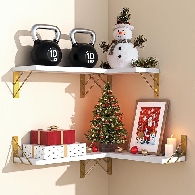 BAYKA Wall Shelves for Bedroom Decor, Floating Wall Shelf for Living Room Kitchen Storage, Mounted Rustic Wood Shelves for Kids Books, Christmas Decorations for Room(White and Gold,Set of 4)