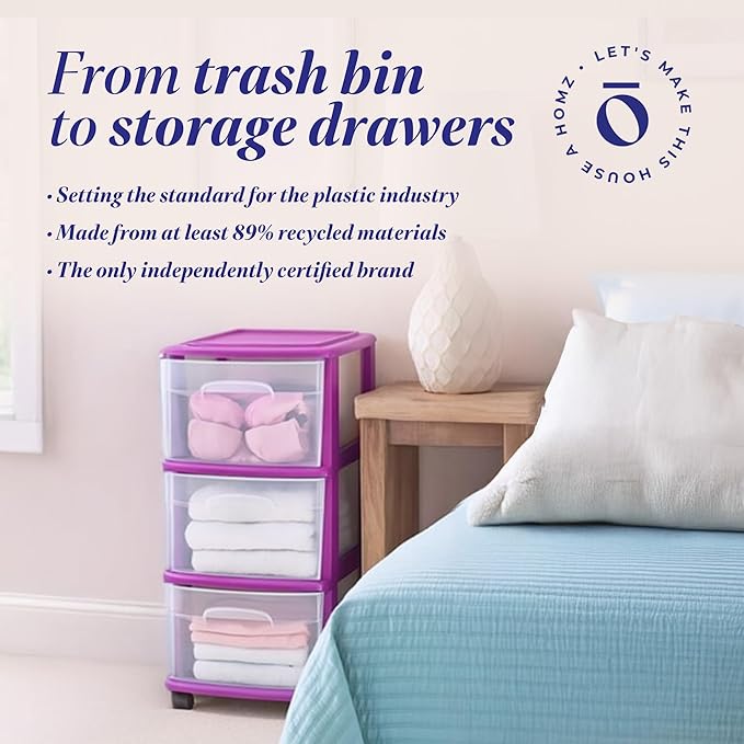 Drawer Tower, 3-Tier Clear Plastic Storage Organizer Cart, Purple Frame