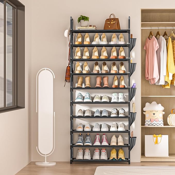 LUKYTOWER Tall Shoe Rack - 10 Tier Shoe Organizer with 5 Hooks, Pocket & Sturdy Stand for Closet Shoes
