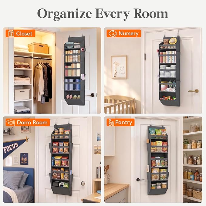 Lifewit 1 Pack Over the Door Organizer, 5 Section Clear Window Hanging Storage with 4 Side Pockets, Sturdy Anti Tilt 40 lbs Load Behind Door for Closet, Bedroom, Bathroom, Nursery, Dorm, Dark Gray