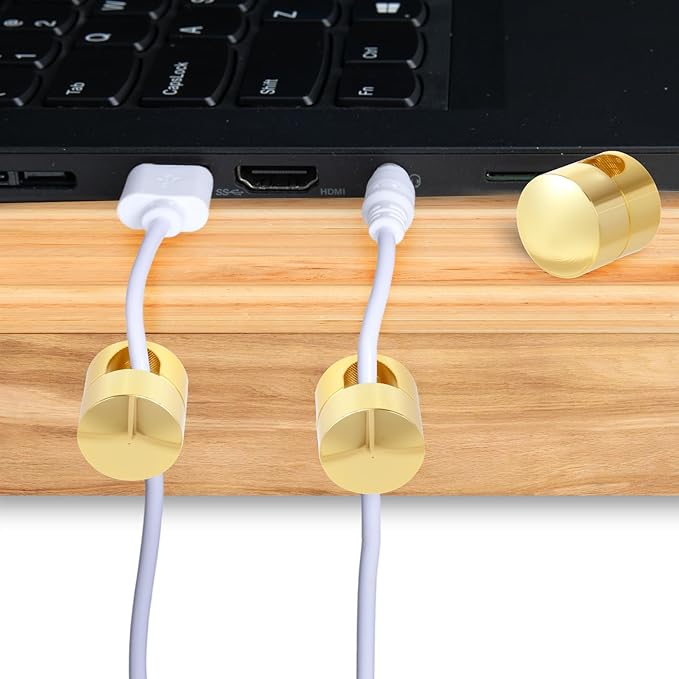 SmallCat 6 Sets Charger Holders for Cords, Gold Adjustable Cable Anchor Holders, Adhesive Metal Cord Clips, Cable Management Wire Organizers for Desk, Office, Nightstand
