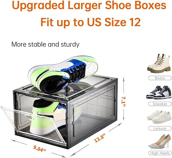 Amllas 12 Pack Shoe Boxes Stackable,Upgraded Sturdy Shoe Storage Boxes with Clear Magnetic Door,Multifunctional Sneaker Storage, Shoe Box Organizer Fit up to US Size 12 Gray(13.8”x 9.84”x 7.1”)