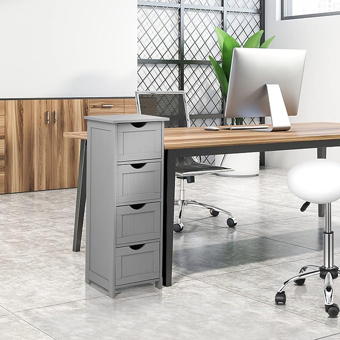 Bonnlo Skinny Bathroom Floor Storage Cabinet, 12 Inch Wide Deep Small Storage Organizer with 4 Drawers, Wooden Modern Grey Thin Free Standing Tower Cabinet w/ 4 Cute Drawers for Bathroom, Living Room