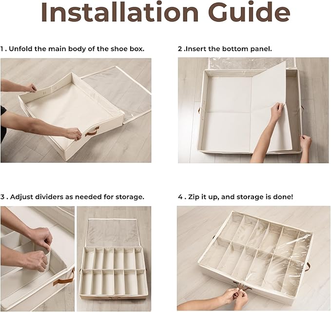 StorageWorks Underbed Shoe Storage Organizer for Closet, 2-Pack Under Bed Shoe Organizer with Bottom Support and Adjustable Dividers, Fits up to 24 Pairs, Beige